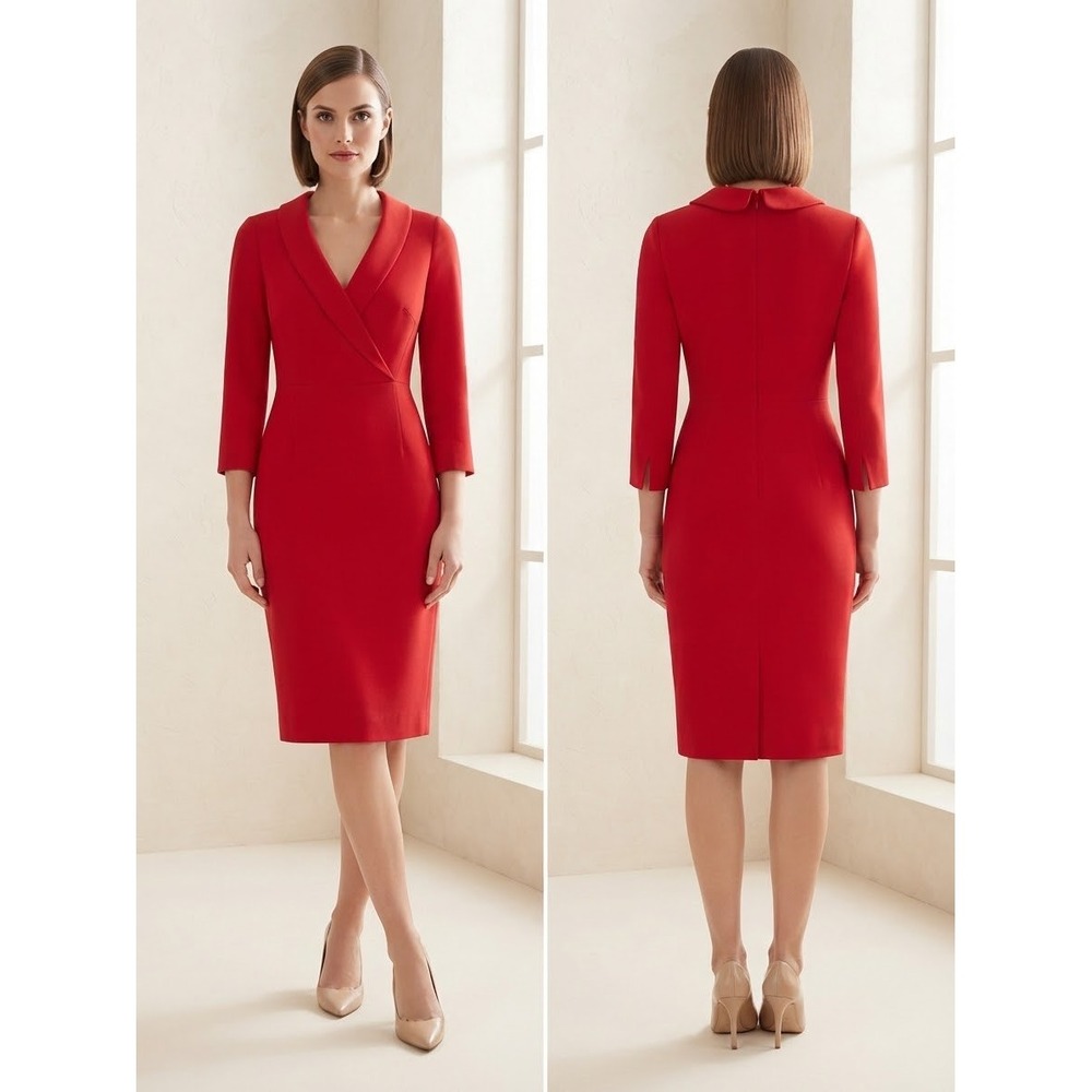 LK Bennett London Red Shawl Collar Wrap Sheath Dress Size 2 US 6 UK